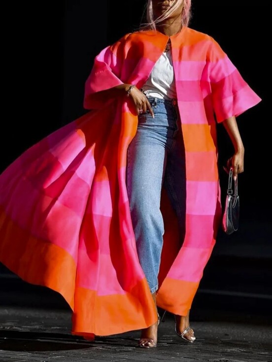 Jackets & Blazers - Vibrant Pink & Orange Striped Maxi Coat